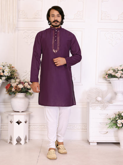 Wine Silk Couple Set Kurta and Saree with Jacquard Border