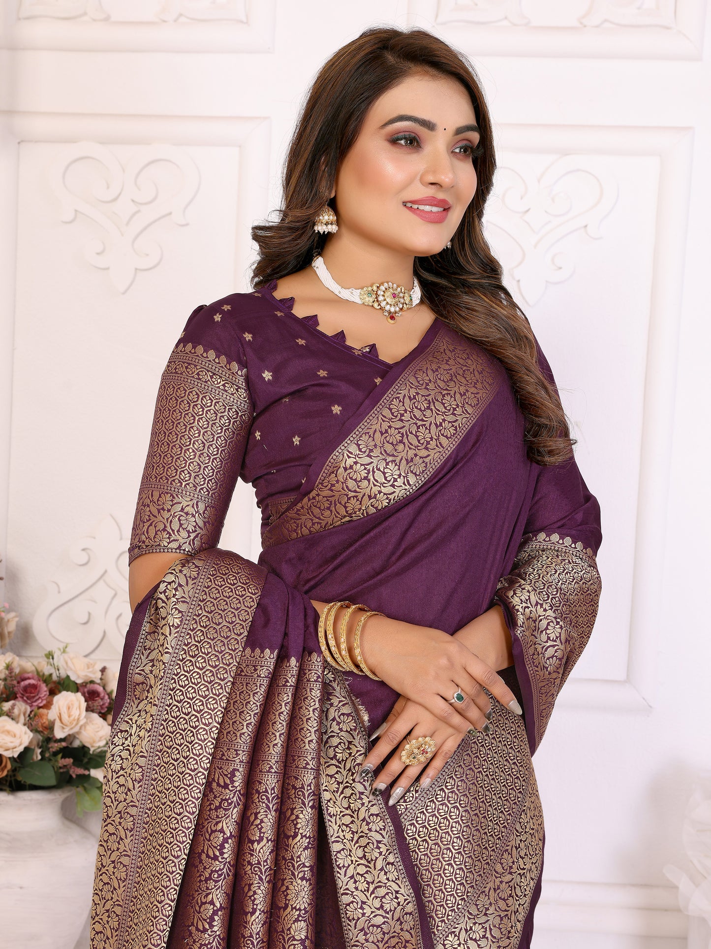 Wine Silk Couple Set Kurta and Saree with Jacquard Border