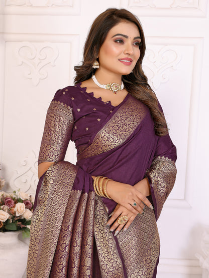 Wine Silk Couple Set Kurta and Saree with Jacquard Border