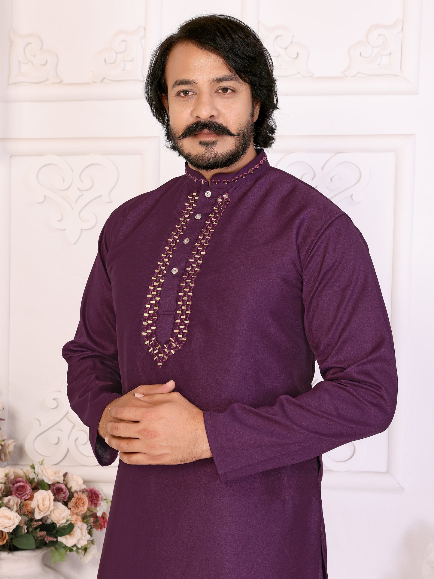 Wine Silk Couple Set Kurta and Saree with Jacquard Border