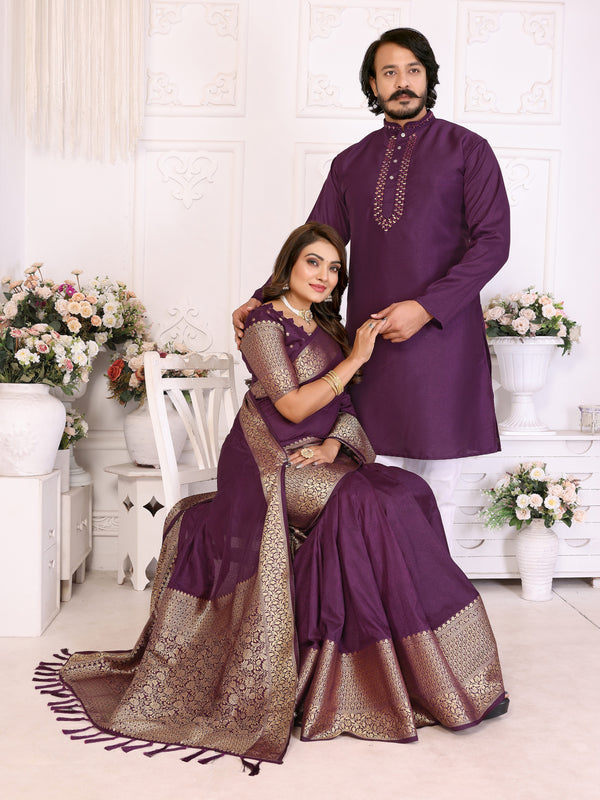 Wine Silk Couple Set Kurta and Saree with Jacquard Border