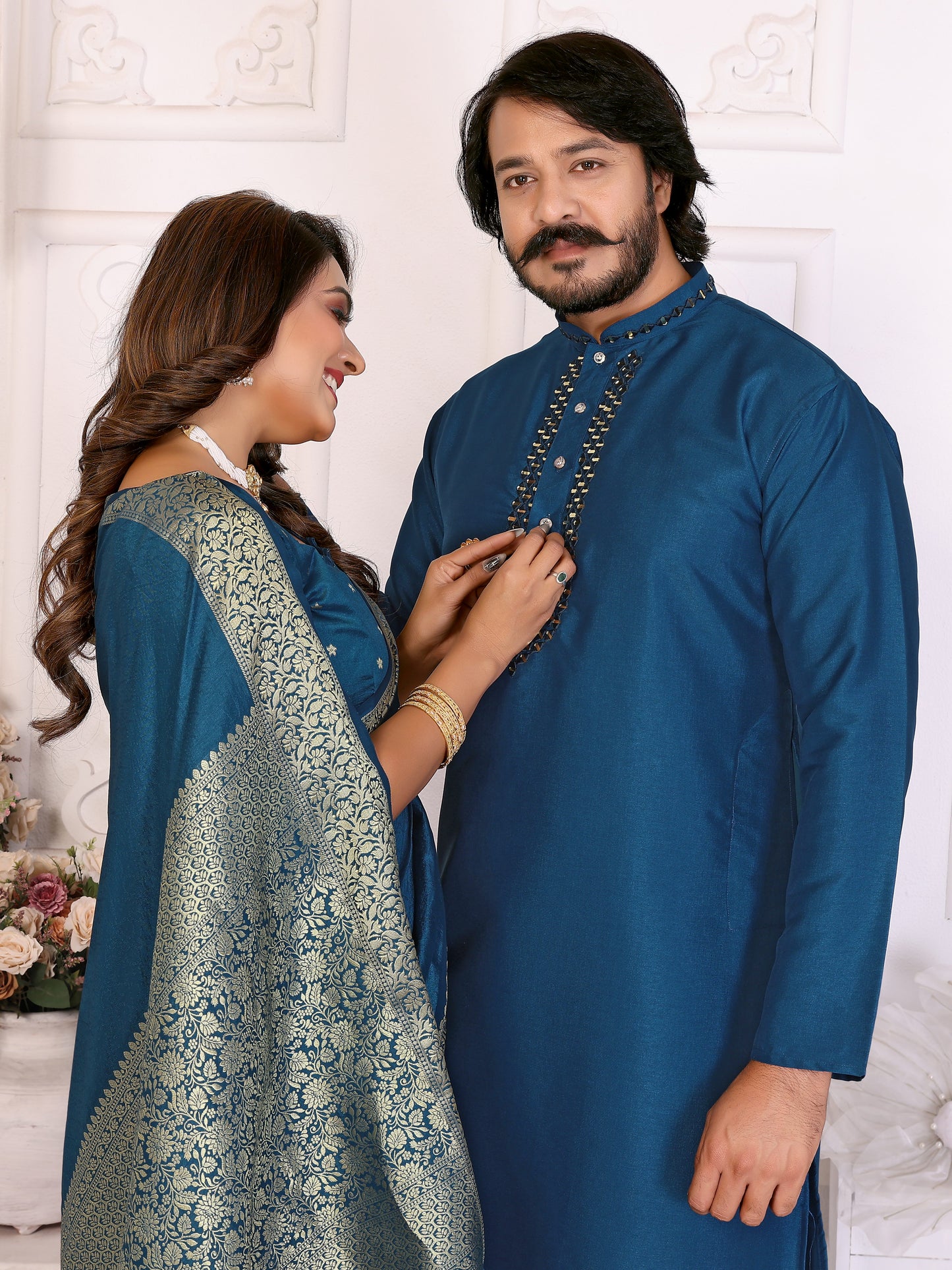 Blue Silk Couple Set Kurta and Saree with Jacquard Border