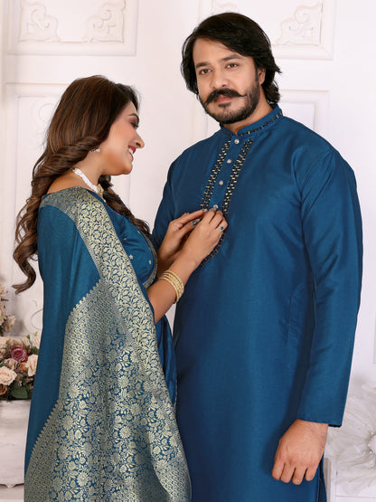 Blue Silk Couple Set Kurta and Saree with Jacquard Border