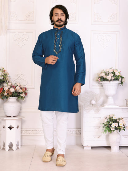 Blue Silk Couple Set Kurta and Saree with Jacquard Border