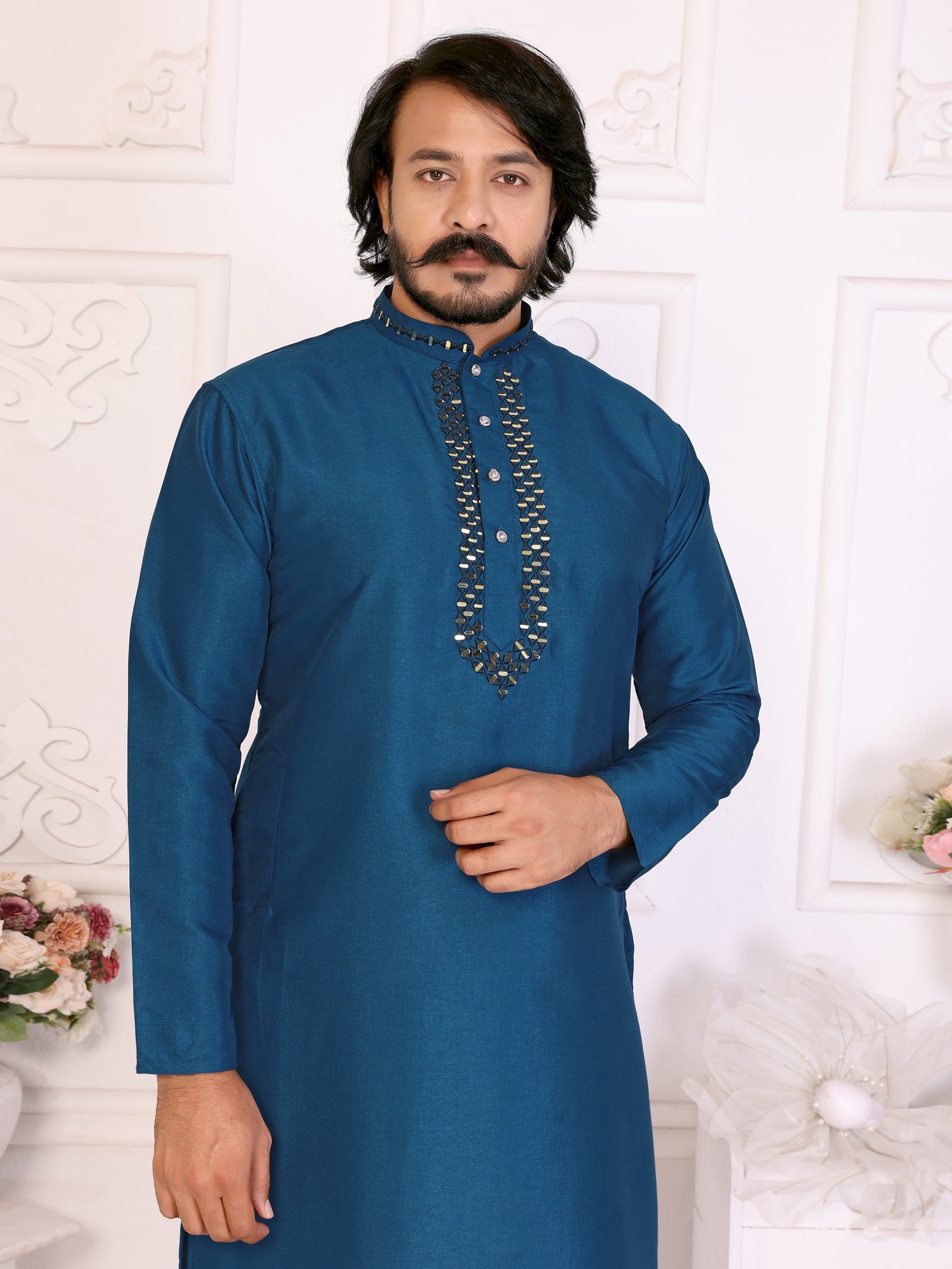 Blue Silk Couple Set Kurta and Saree with Jacquard Border