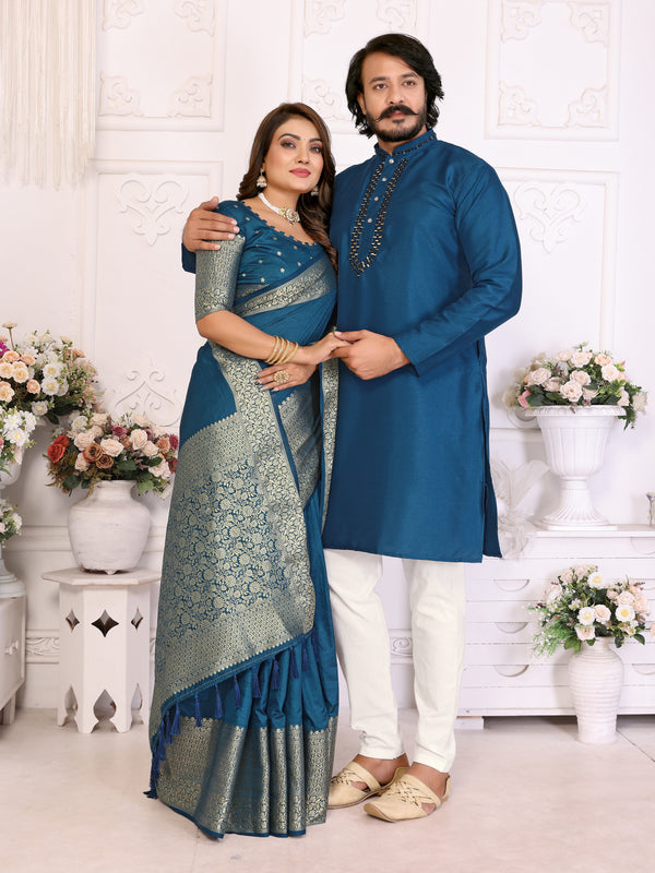 Blue Silk Couple Set Kurta and Saree with Jacquard Border