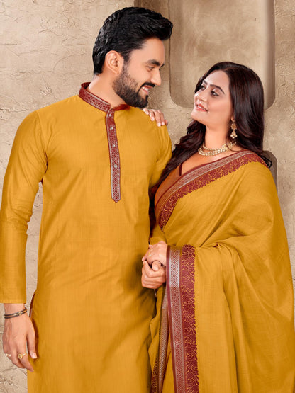 Mustard Yellow Silk Couple Set with Matching Kurta and Saree