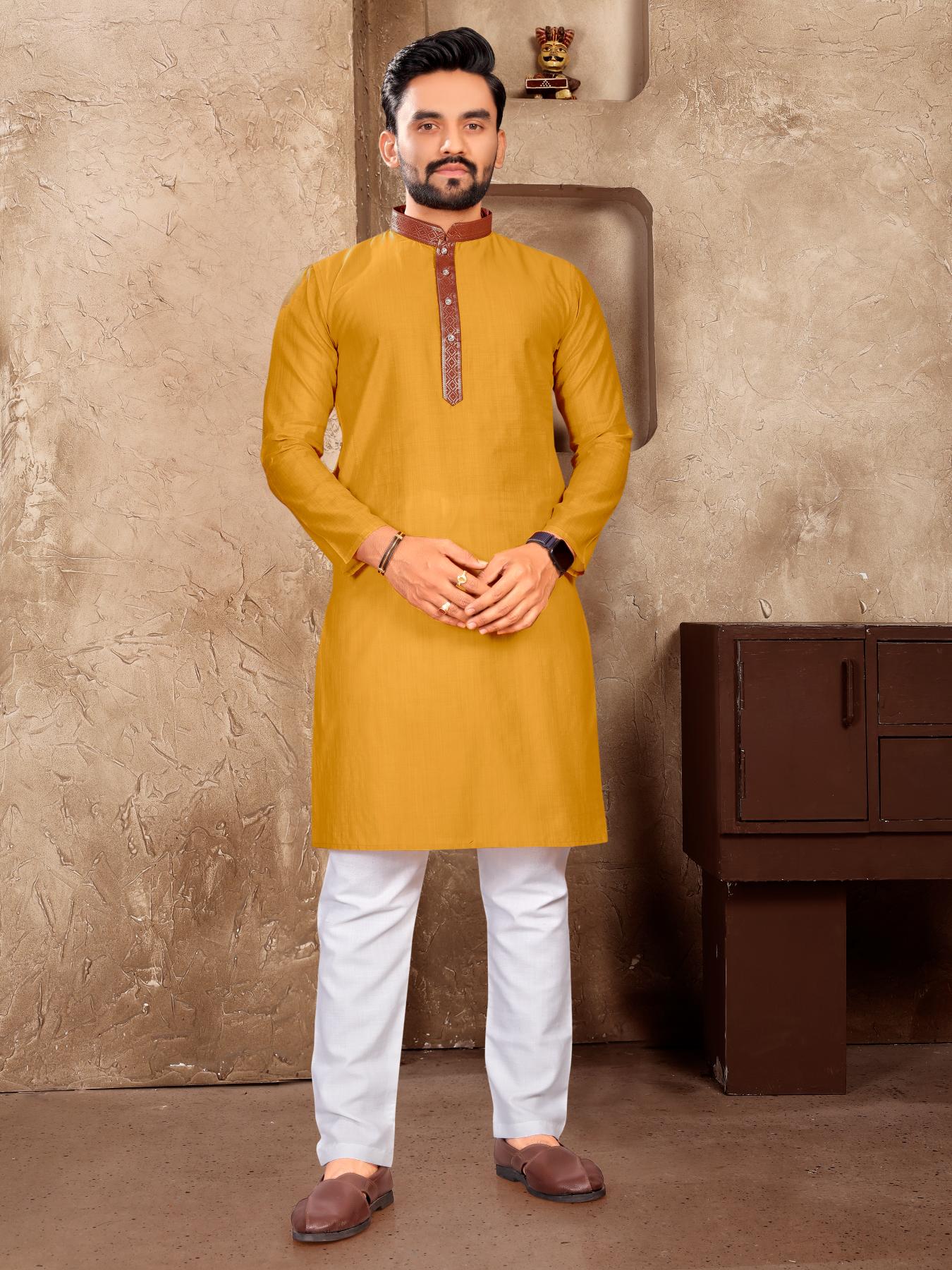 Mustard Yellow Silk Couple Set with Matching Kurta and Saree