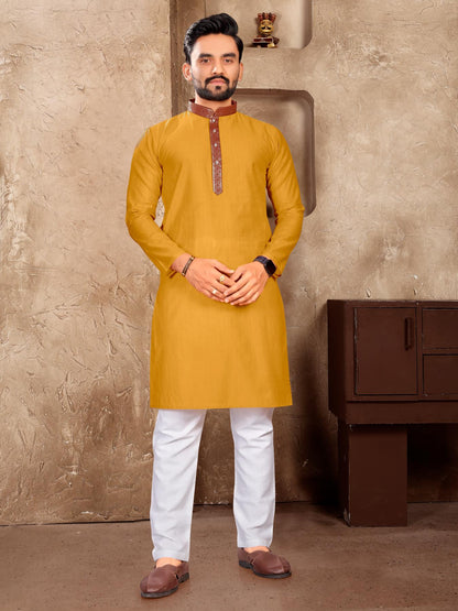 Mustard Yellow Silk Couple Set with Matching Kurta and Saree