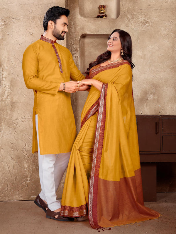 Mustard Yellow Silk Couple Set with Matching Kurta and Saree