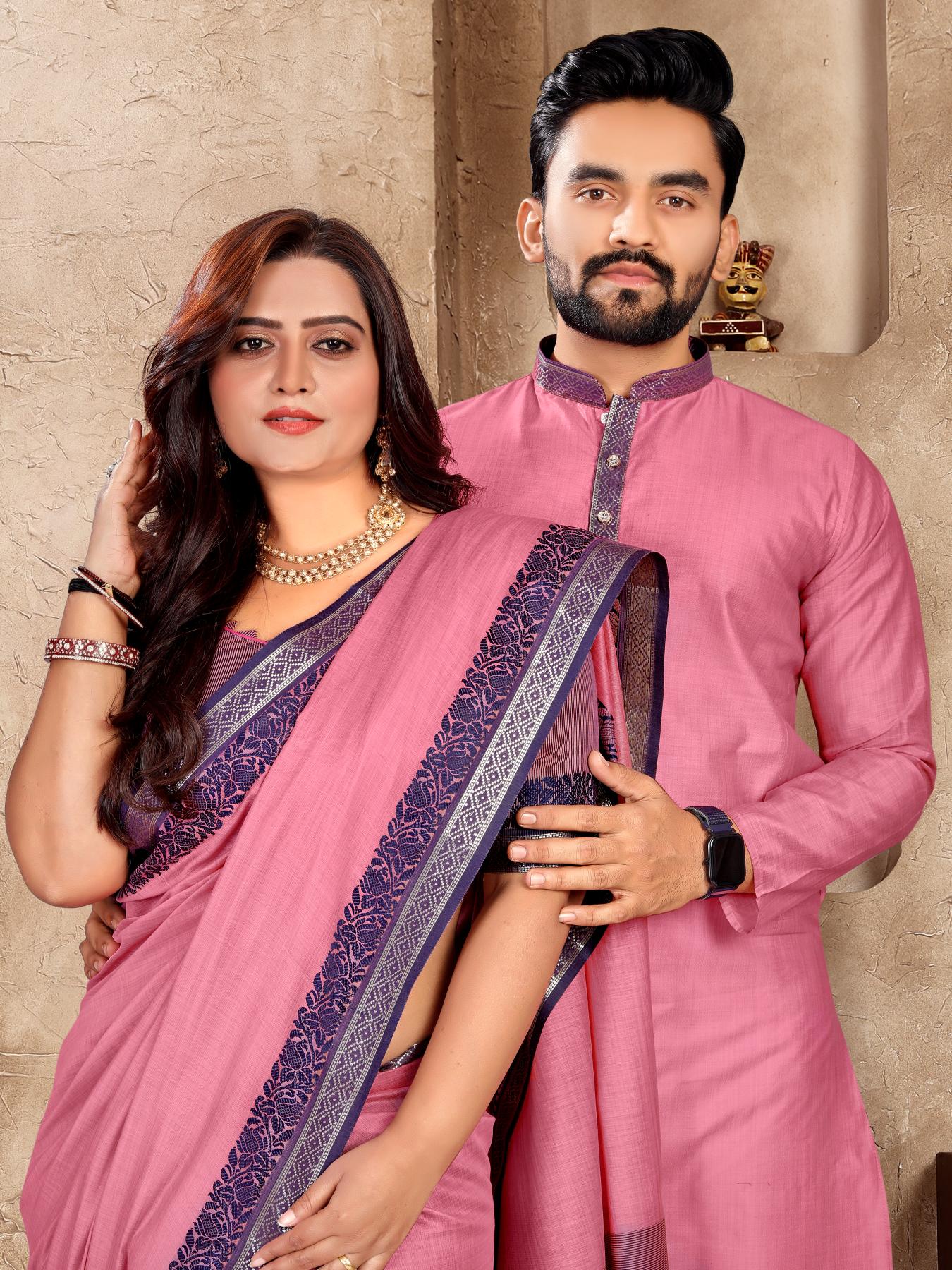 Light Pink Silk Couple Set with Matching Kurta and Saree