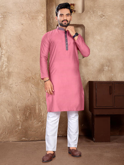Light Pink Silk Couple Set with Matching Kurta and Saree