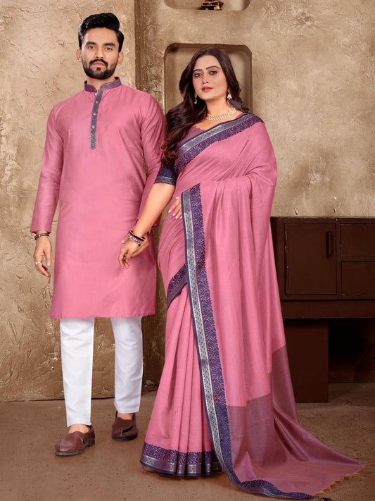 Light Pink Silk Couple Set with Matching Kurta and Saree