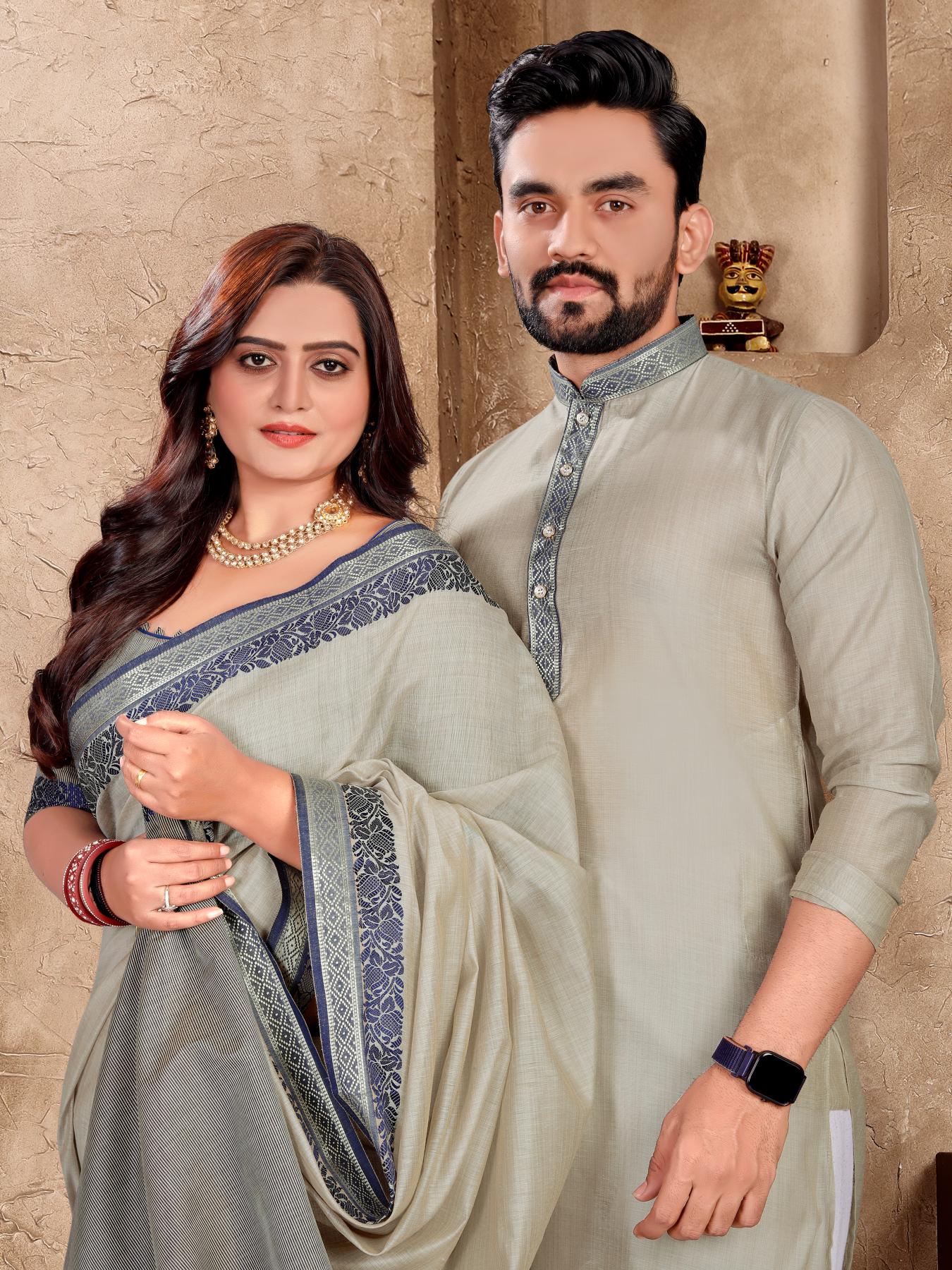 Grey Silk Couple Set with Matching Kurta and Saree