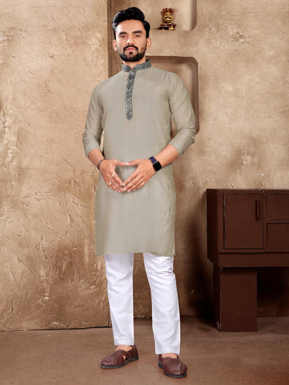 Grey Silk Couple Set with Matching Kurta and Saree