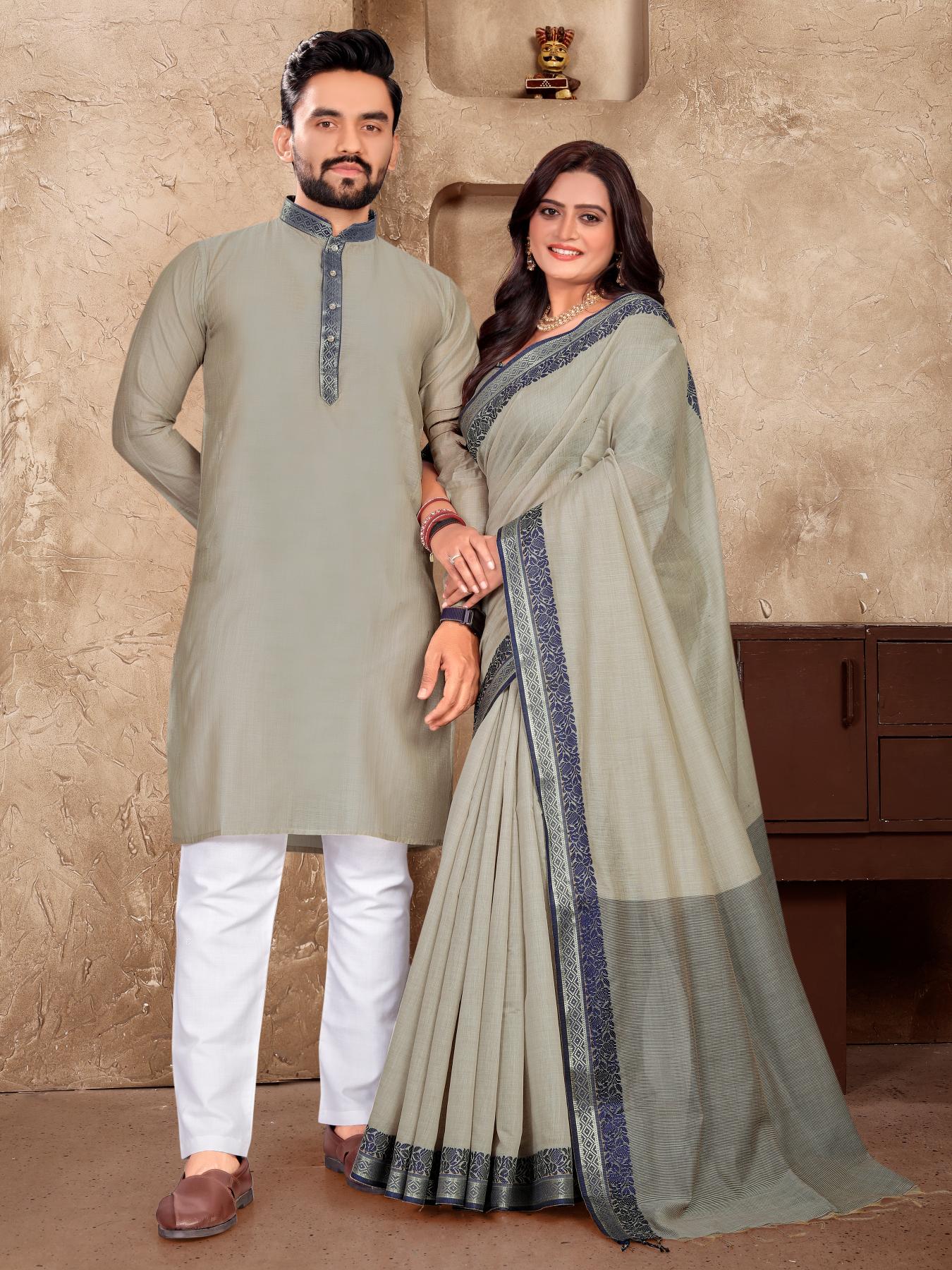 Grey Silk Couple Set with Matching Kurta and Saree