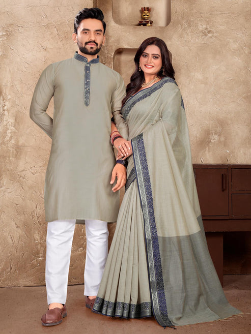 Grey Silk Couple Set with Matching Kurta and Saree