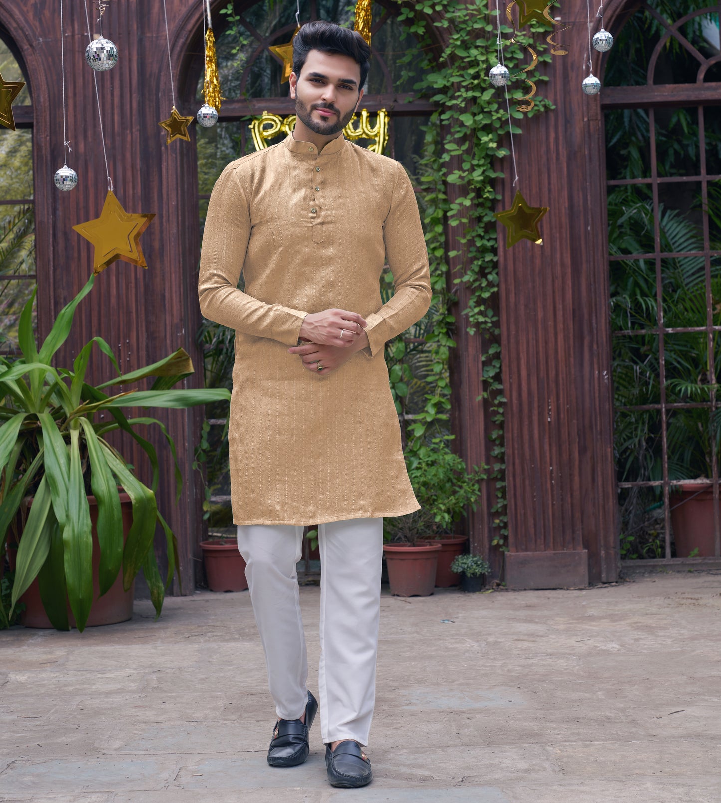 Bansari Mishri Beige Couple set Saree with Kurta