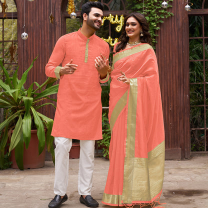Peach Silk Couple Wear Saree with Kurta