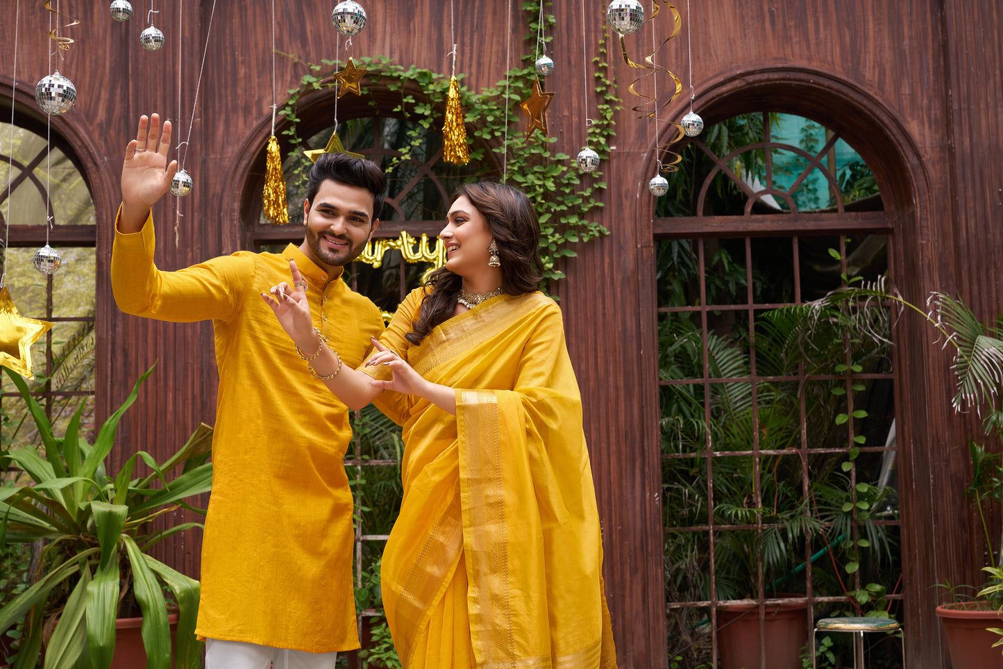 Yellow Silk Couple Wear Saree with Kurta