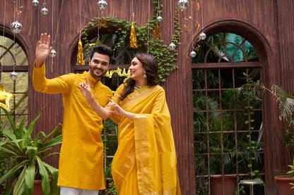 Yellow Silk Couple Wear Saree with Kurta