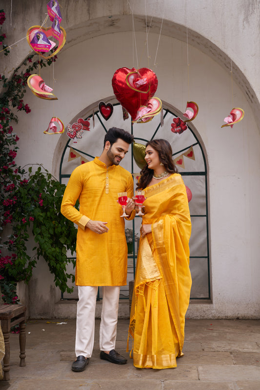 Yellow Silk Couple Wear Saree with Kurta