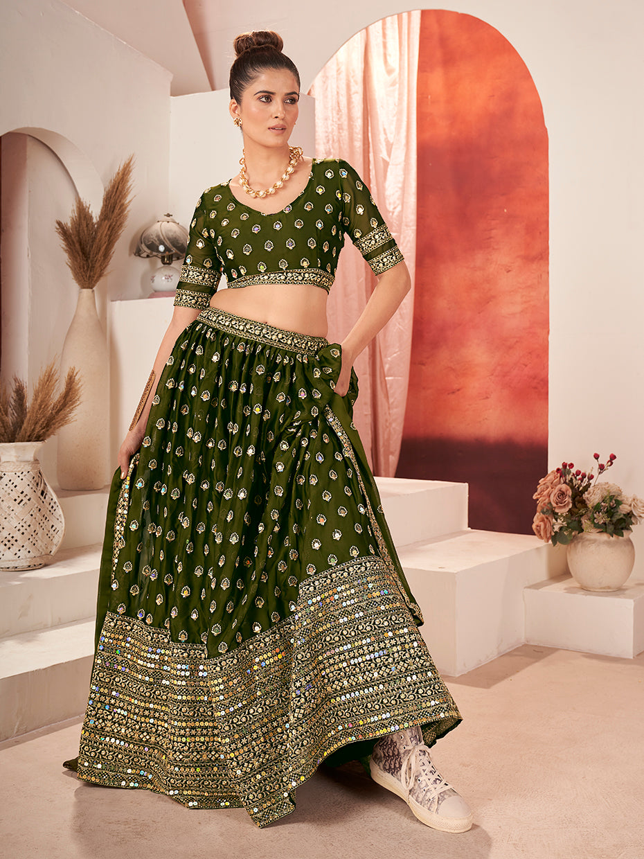 Olive Green Gold Embroidered Mehendi Special Silk Lehenga Choli