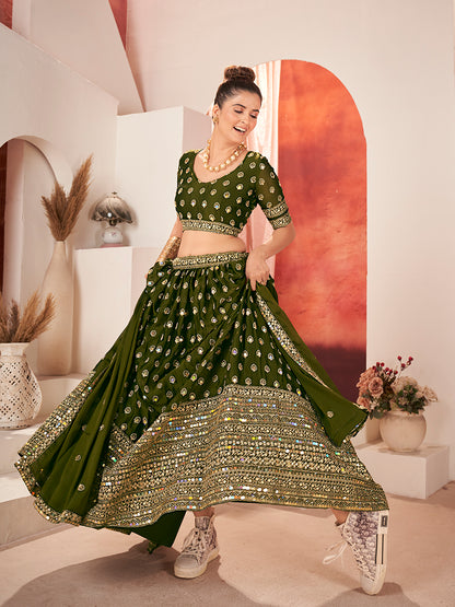 Olive Green Gold Embroidered Mehendi Special Silk Lehenga Choli