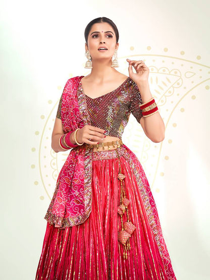 Pink Navratri Special Chinon Silk Lehenga Choli