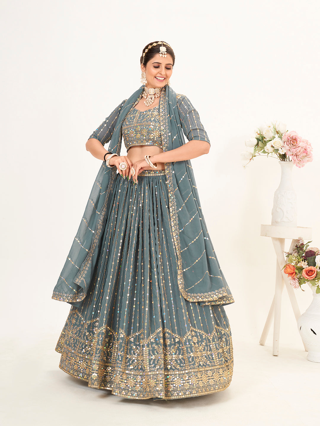 Grey Georgette Embroidered Wedding Lehenga Choli