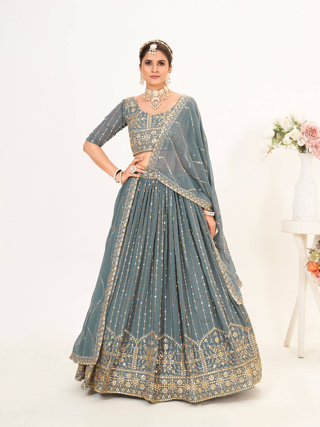 Grey Georgette Embroidered Wedding Lehenga Choli