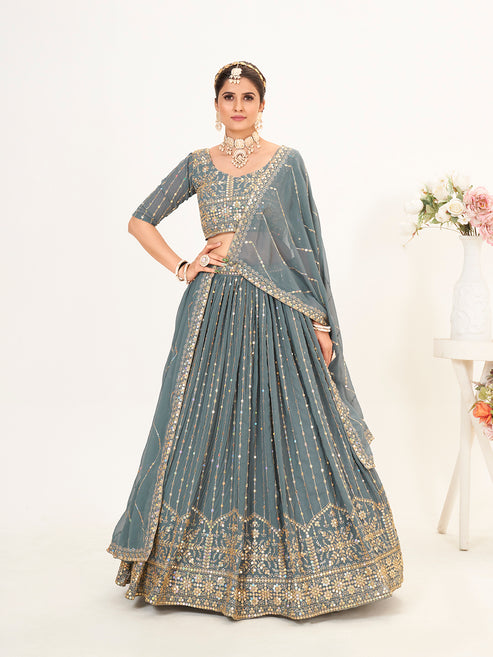 Grey Georgette Embroidered Wedding Lehenga Choli