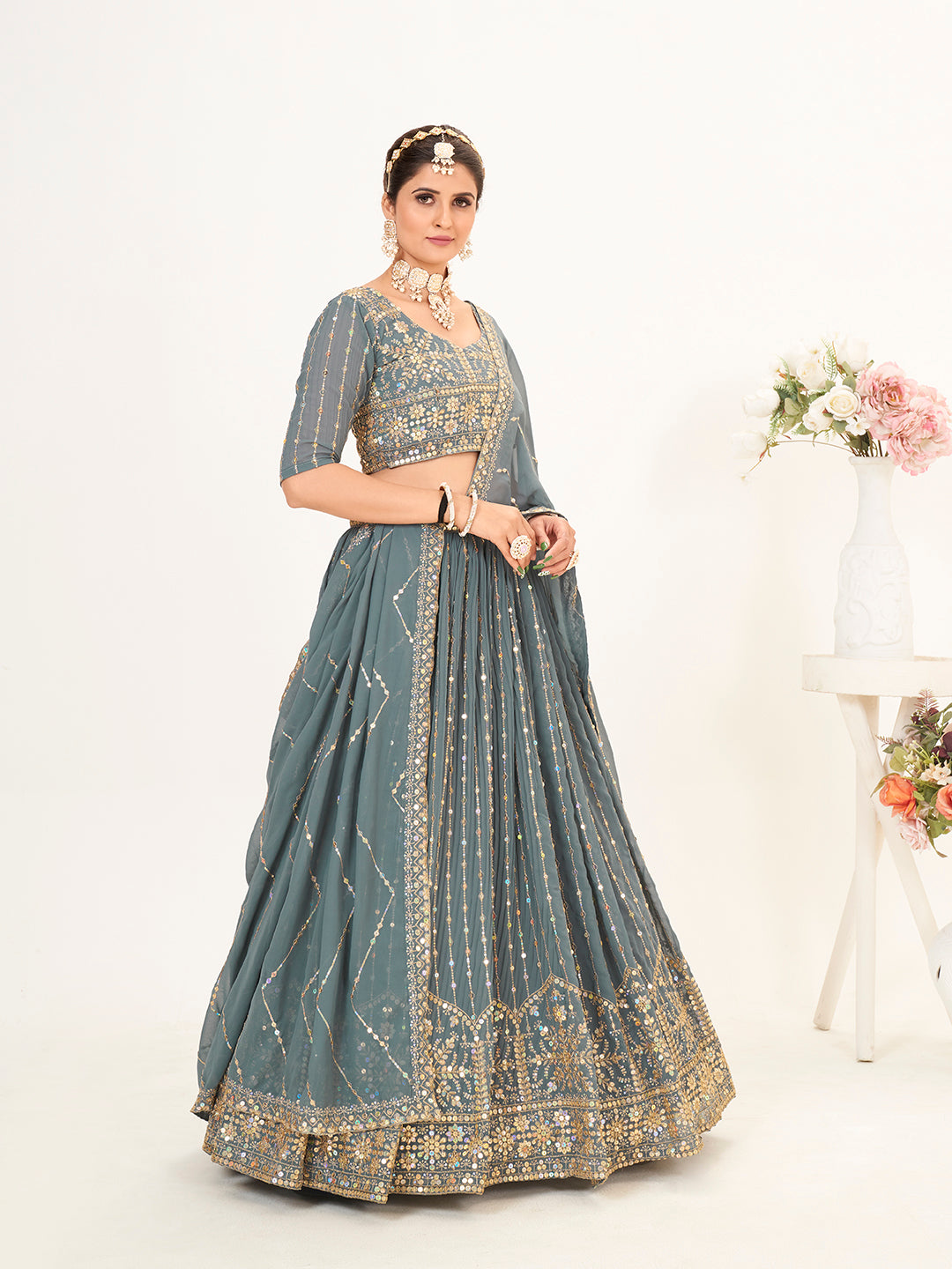 Grey Georgette Embroidered Wedding Lehenga Choli