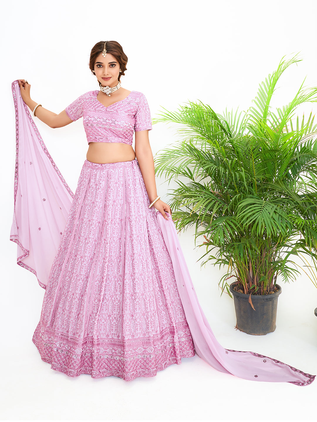 Lavender Georgette Embroidered Navratri Special Lehenga Choli