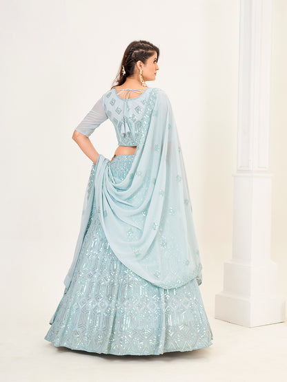 Baby Blue Georgette Embroidered Wedding Lehenga Choli