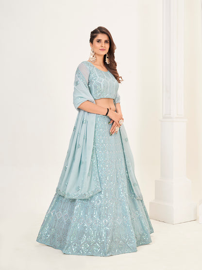 Baby Blue Georgette Embroidered Wedding Lehenga Choli