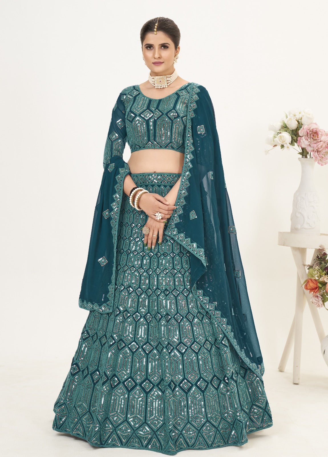 Teal Blue Georgette Embroidered Wedding Lehenga Choli