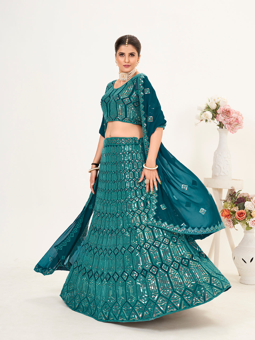 Teal Blue Georgette Embroidered Wedding Lehenga Choli