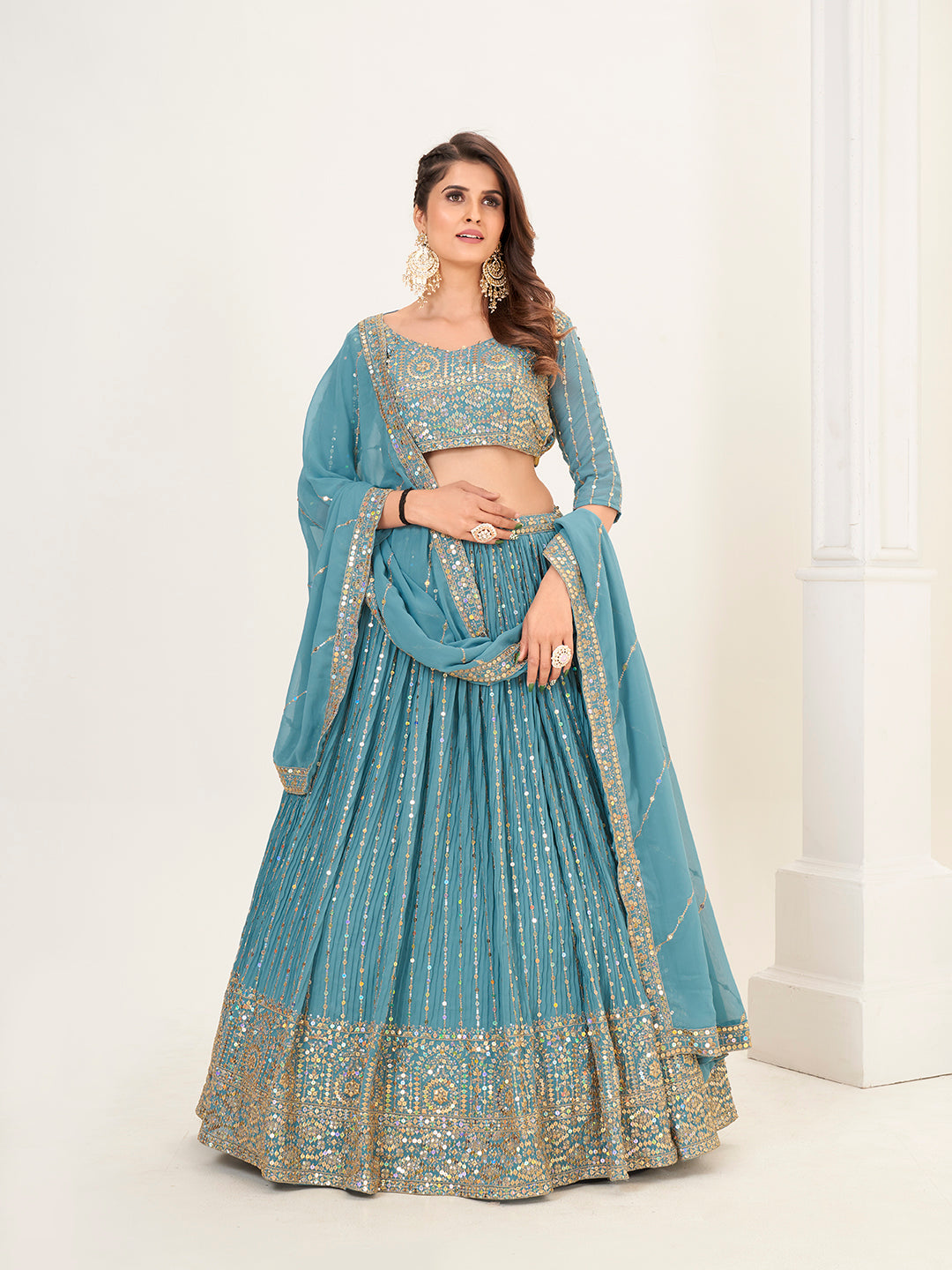 Fancy Blue Georgette Embroidered Wedding Lehenga Choli