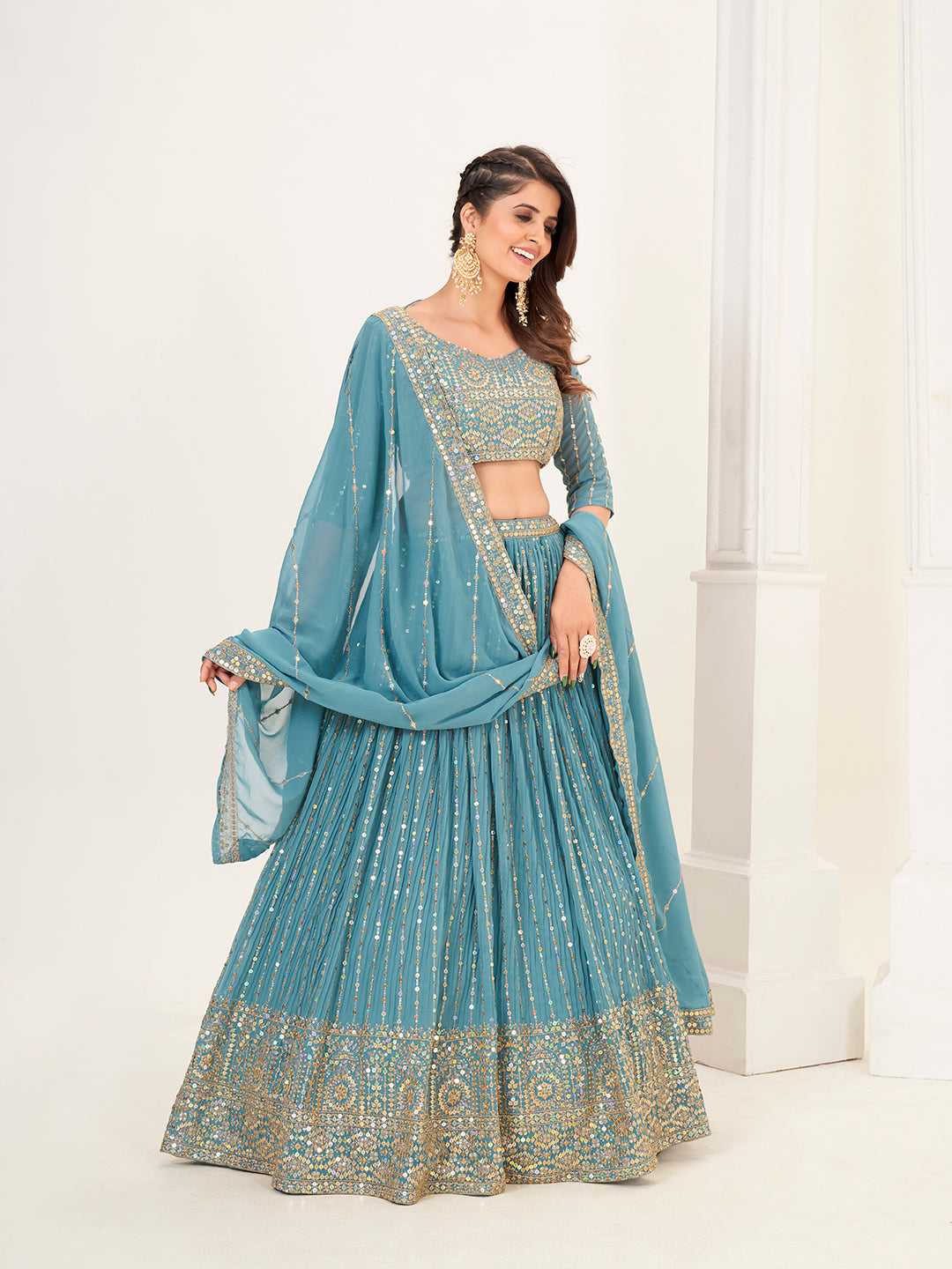 Fancy Blue Georgette Embroidered Wedding Lehenga Choli