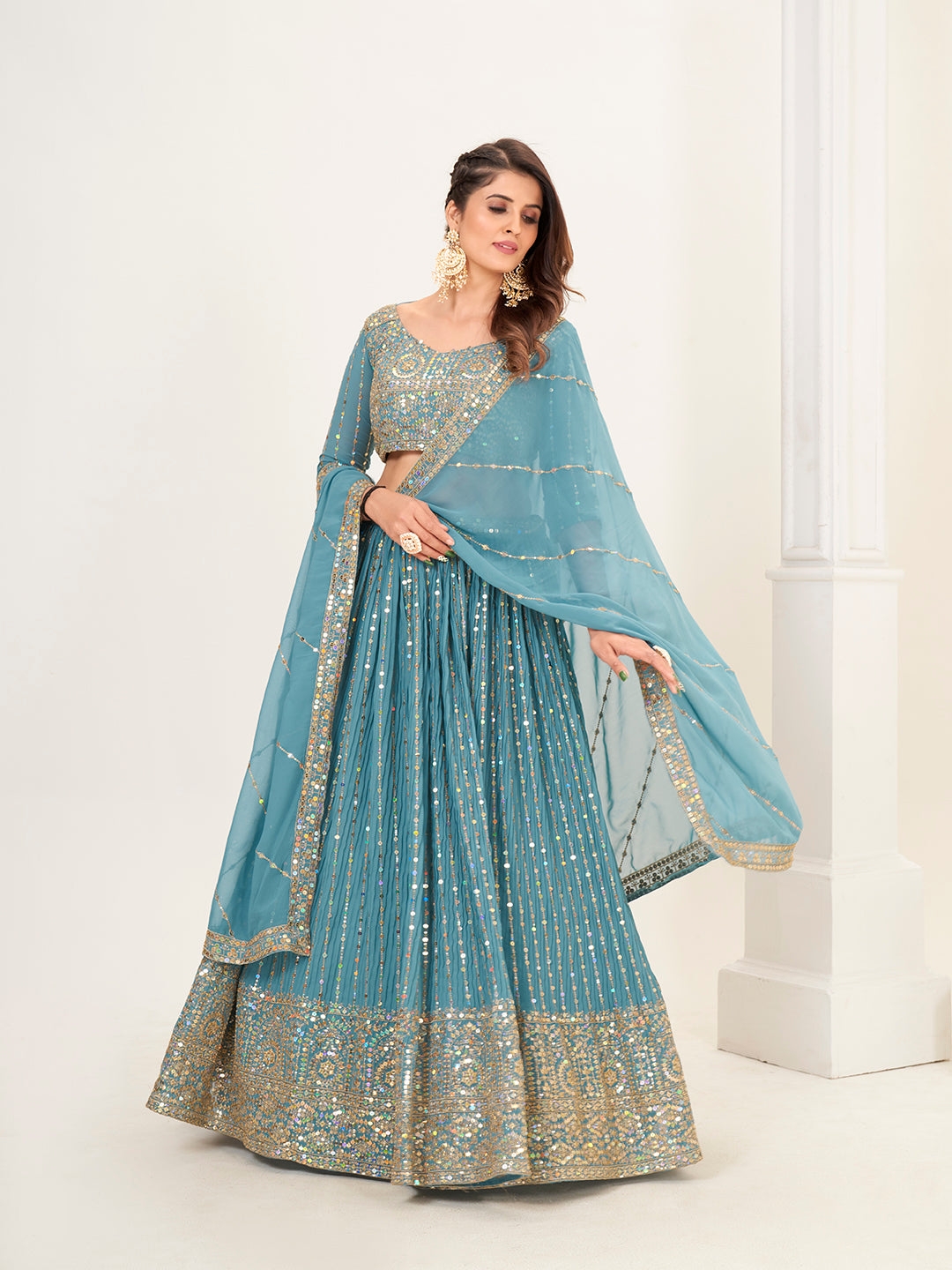 Fancy Blue Georgette Embroidered Wedding Lehenga Choli