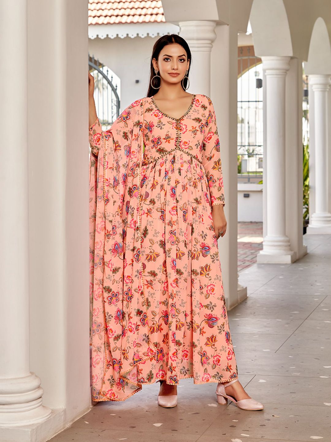 Flamingo Pink Floral Printed Georgette Anarkali with Dupatta