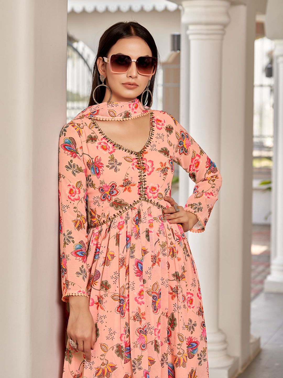 Flamingo Pink Floral Printed Georgette Anarkali with Dupatta