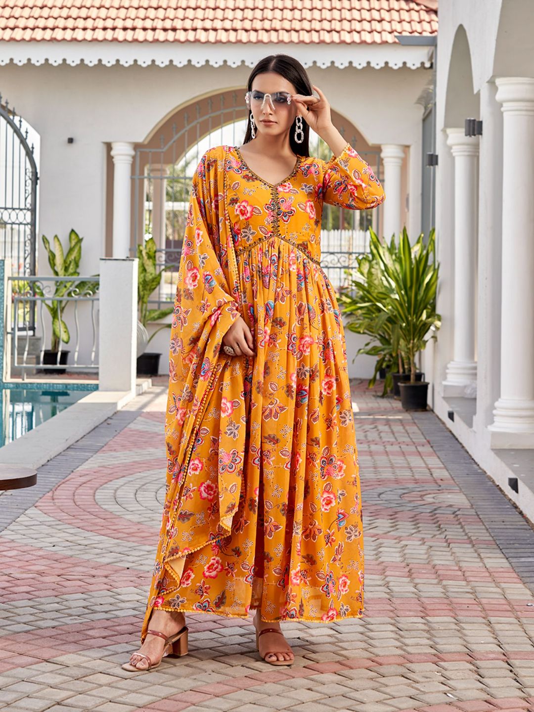 Mustard Floral Printed Georgette Anarkali with Dupatta