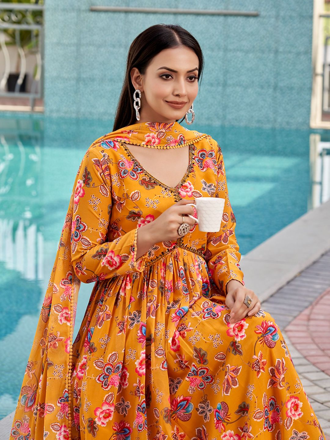 Mustard Floral Printed Georgette Anarkali with Dupatta