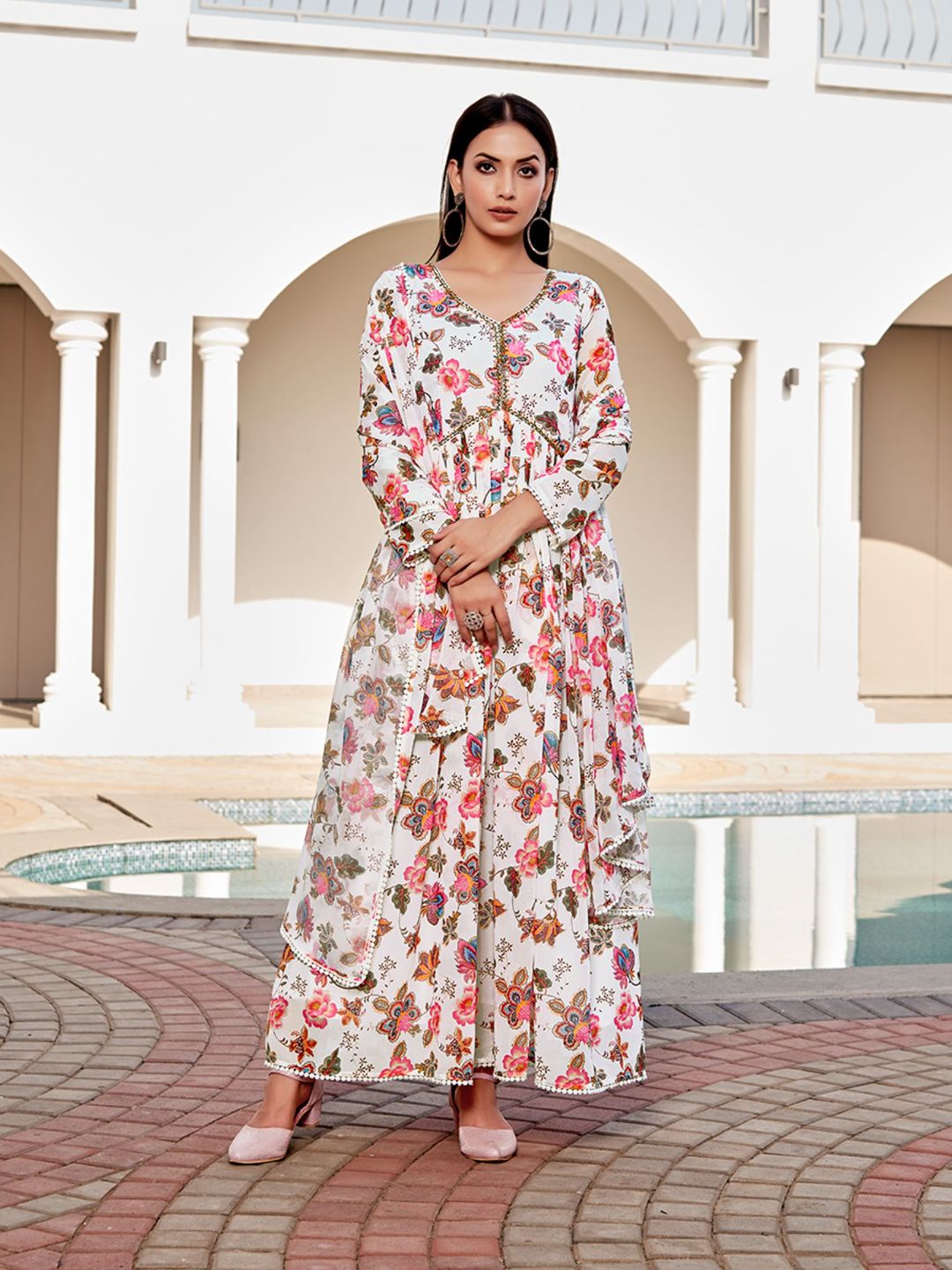 Bright White Floral Printed Georgette Anarkali with Dupatta