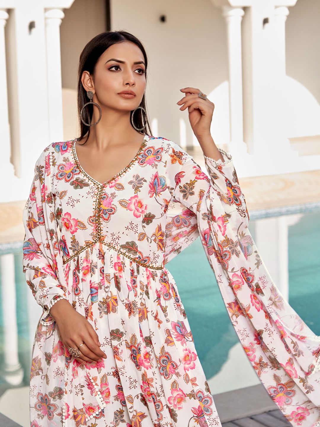 Bright White Floral Printed Georgette Anarkali with Dupatta