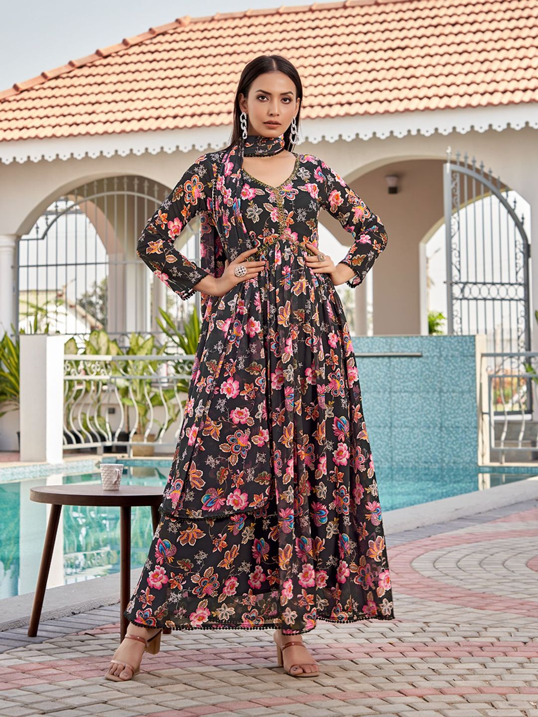Black Floral Printed Georgette Anarkali with Dupatta