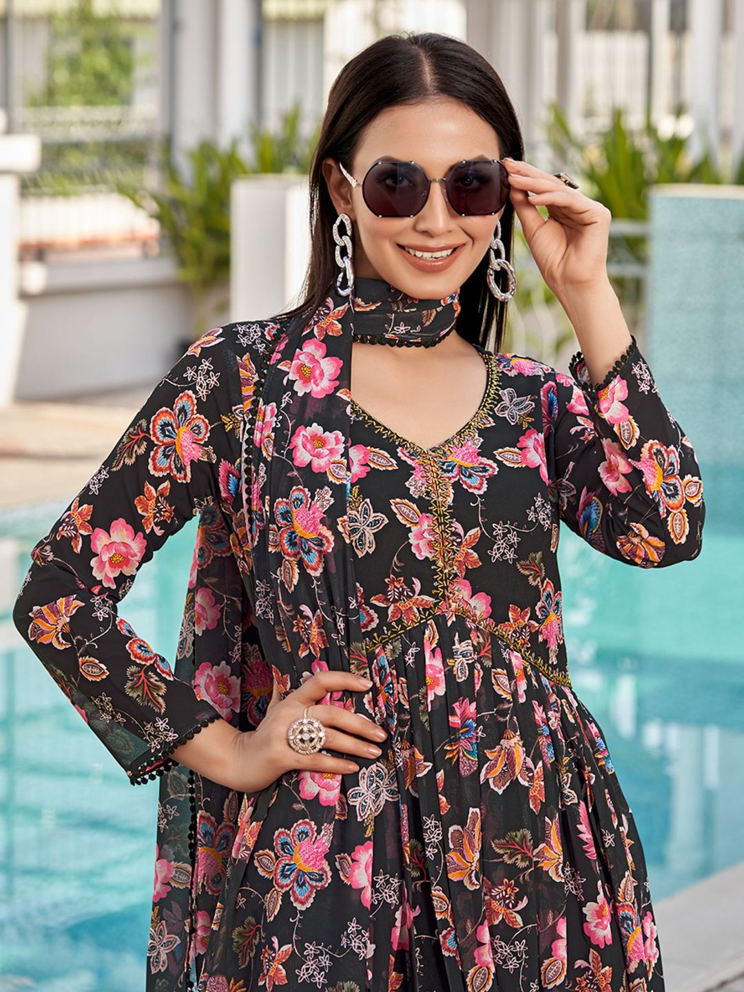 Black Floral Printed Georgette Anarkali with Dupatta