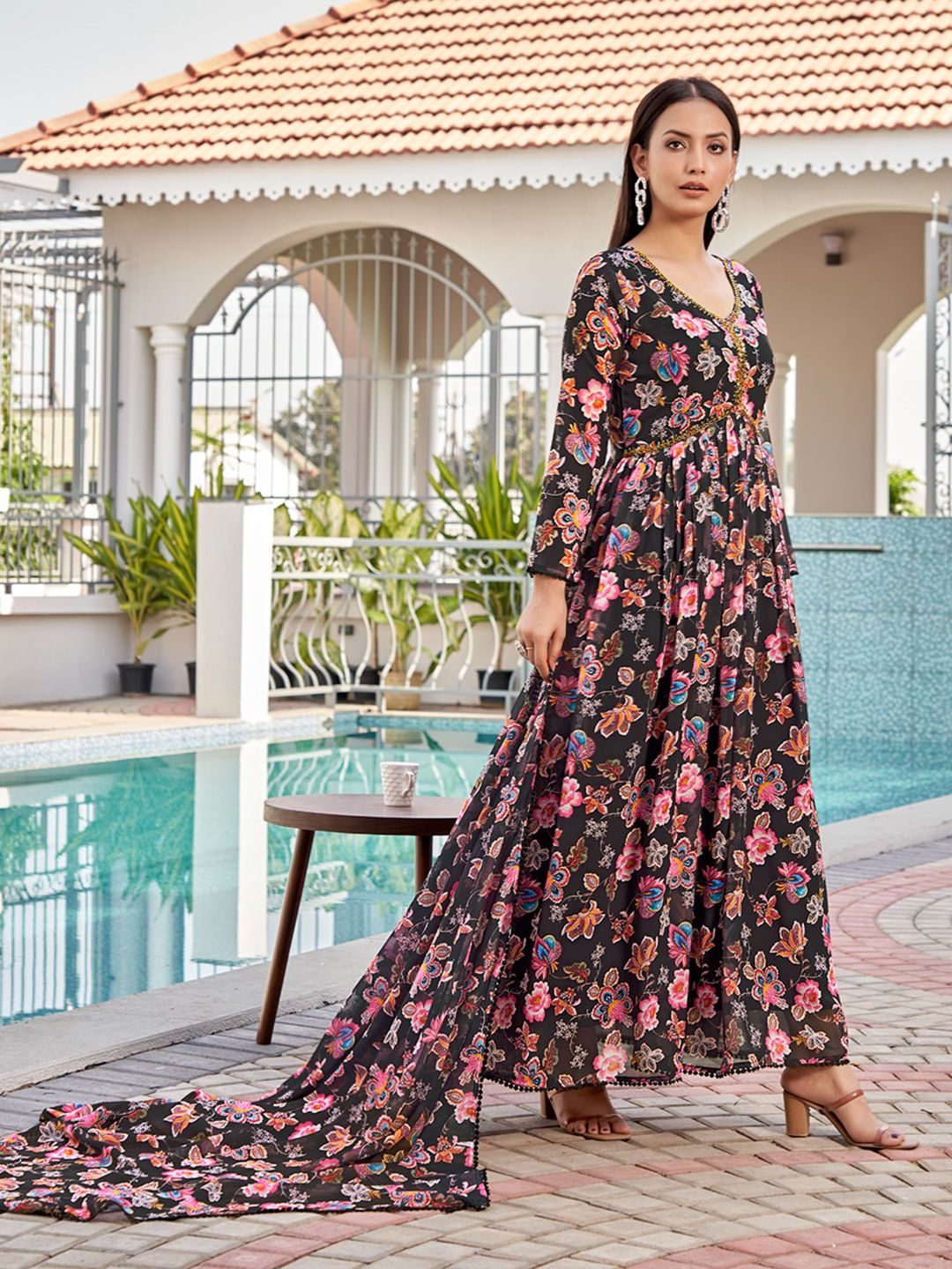 Black Floral Printed Georgette Anarkali with Dupatta